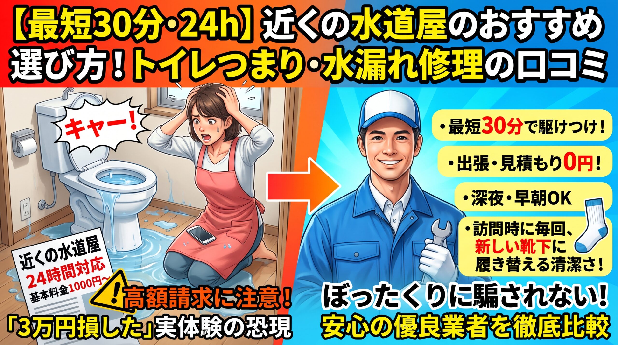 【最短30分・24時間対応】近くの水道屋のおすすめ選び方！トイレつまり・水漏れ修理の口コミ